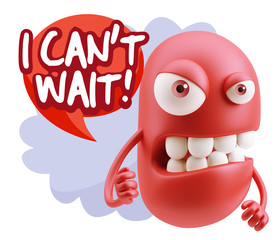 3d Rendering Angry Character Emoji saying I Can't Wait with Colo