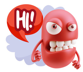 3d Rendering Angry Character Emoji saying Hi with Colorful Speec