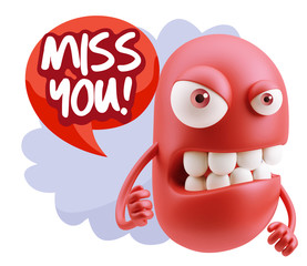 3d Rendering Angry Character Emoji saying Miss You with Colorful