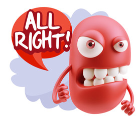 3d Rendering Angry Character Emoji saying All Right with Colorfu