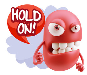 3d Rendering Angry Character Emoji saying Hold On with Colorful
