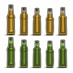 Vector Set logo Glass Bottles with metal cap for fizzy drink, collection of 10 plastic green and brown container bottle with lid for sesame oil or fruit beverage isolated on white background.