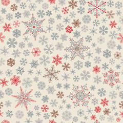 Seamless pattern of snowflakes, red and gray on beige