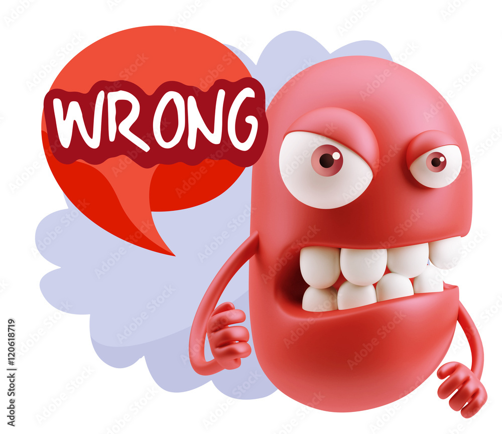 Poster 3d rendering angry character emoji saying wrong with colorful sp