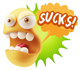 3d Rendering Angry Character Emoji saying Sucks with Colorful Sp
