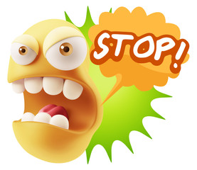 3d Rendering Angry Character Emoji saying Stop with Colorful Spe