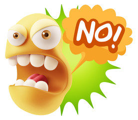 3d Rendering Angry Character Emoji saying No with Colorful Speec