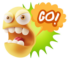 3d Rendering Angry Character Emoji saying Go with Colorful Speec
