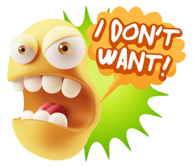 3d Rendering Angry Character Emoji saying I Don't Want with Colo