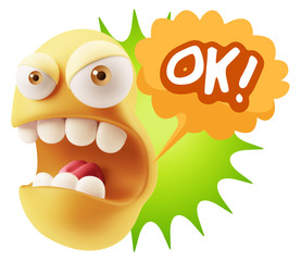 3d Rendering Angry Character Emoji saying OK with Colorful Speec