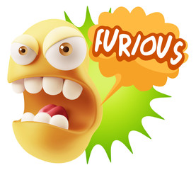 3d Rendering Angry Character Emoji saying Furious with Colorful