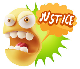 3d Rendering Angry Character Emoji saying Justice with Colorful