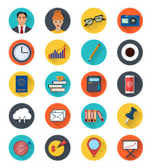 Colored icons of office elements set. Twenty modern icons in flat style. Cute vector illustrations