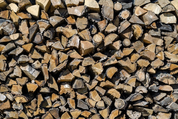 Preparation Pile Of Wood For The Winter. Wall Dry Firewood. Texture, Background Series.