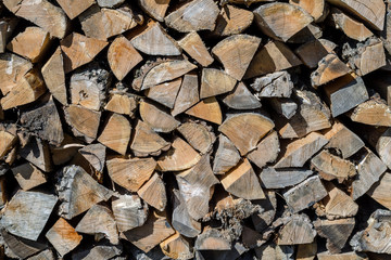 Preparation Pile Of Wood For The Winter. Wall Dry Firewood. Texture, Background Series.