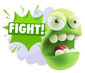 3d Rendering Angry Character Emoji saying Fight with Colorful Sp