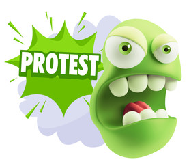 3d Rendering Angry Character Emoji saying Protest with Colorful