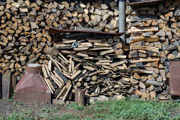 Preparation Pile Of Wood For The Winter. Dry Firewood.