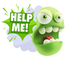 3d Rendering Angry Character Emoji saying Help me with Colorful
