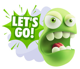 3d Rendering Angry Character Emoji saying Let's Go with Colorful