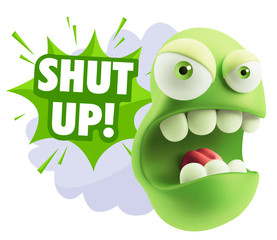 3d Rendering Angry Character Emoji saying Shut Up with Colorful