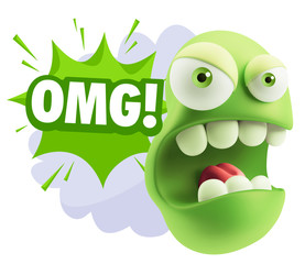 3d Rendering Angry Character Emoji saying OMG with Colorful Spee