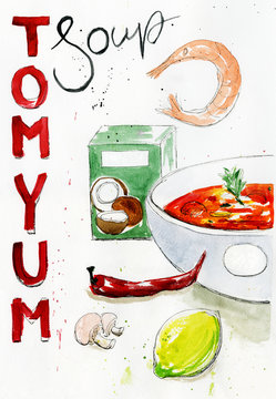 Watercolor illustration of bowl of Tom Yum Soup and ingredients