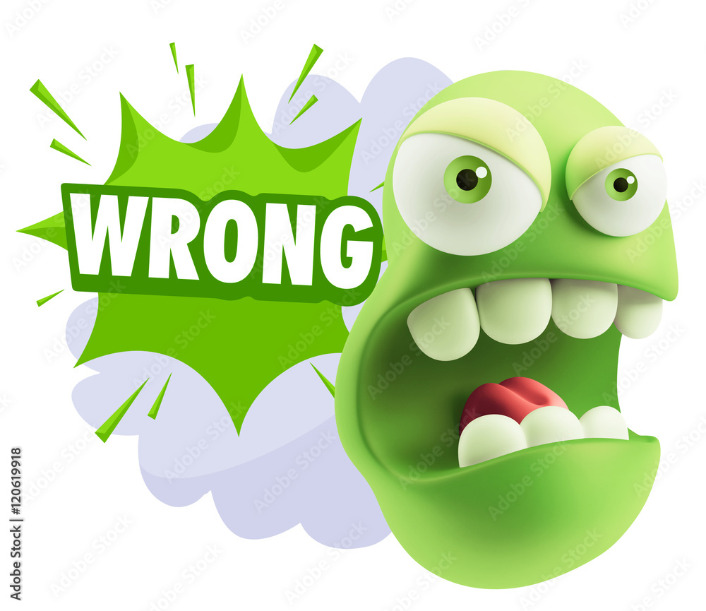 Poster 3d rendering angry character emoji saying wrong with colorful sp