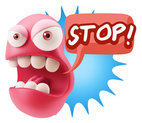 3d Rendering Angry Character Emoji saying Stop with Colorful Spe