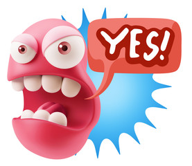 3d Rendering Angry Character Emoji saying Yes with Colorful Spee