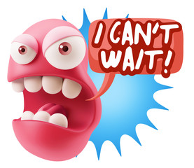 3d Rendering Angry Character Emoji saying I Can't Wait with Colo