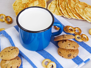 Mug of milk with cookies
