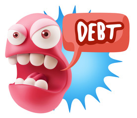 3d Rendering Angry Character Emoji saying Debt with Colorful Spe