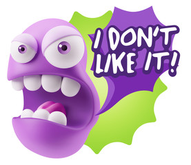 3d Rendering Angry Character Emoji saying I Don`t Like It with C