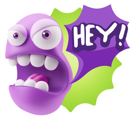 3d Rendering Angry Character Emoji saying Hey with Colorful Spee