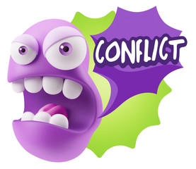 3d Rendering Angry Character Emoji saying Conflict with Colorful