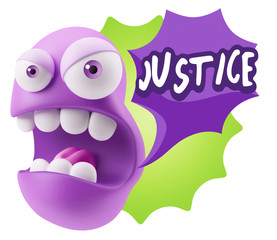 3d Rendering Angry Character Emoji saying Justice with Colorful