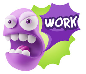 3d Rendering Angry Character Emoji saying Work with Colorful Spe