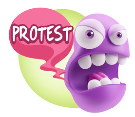 3d Rendering Angry Character Emoji saying Protest with Colorful