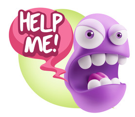 3d Rendering Angry Character Emoji saying Help me with Colorful