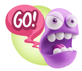 3d Rendering Angry Character Emoji saying Go with Colorful Speec