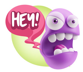 3d Rendering Angry Character Emoji saying Hey with Colorful Spee