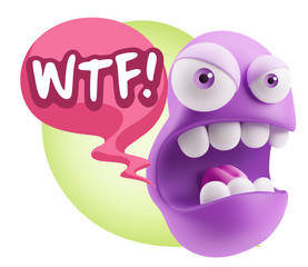 3d Rendering Angry Character Emoji saying WTF with Colorful Spee