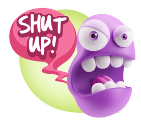 3d Rendering Angry Character Emoji saying Shut Up with Colorful