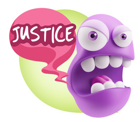 3d Rendering Angry Character Emoji saying Justice with Colorful
