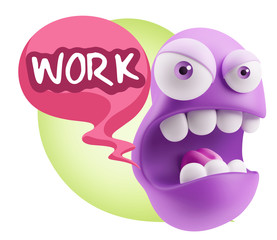 3d Rendering Angry Character Emoji saying Work with Colorful Spe