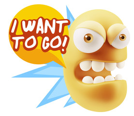 3d Rendering Angry Character Emoji saying I Want to Go with Colo