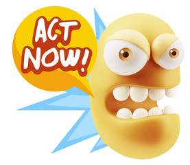 3d Rendering Angry Character Emoji saying Act Now with Colorful