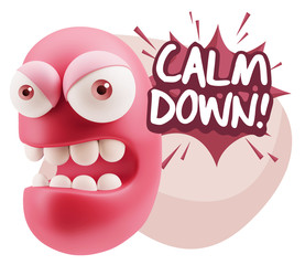 3d Rendering Angry Character Emoji saying Calm Down with Colorfu
