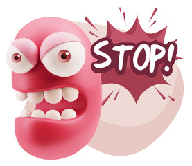 3d Rendering Angry Character Emoji saying Stop with Colorful Spe
